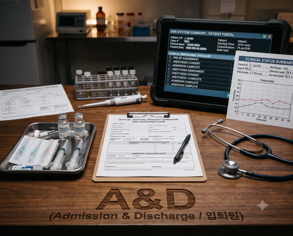 입퇴원 환자 관리 EMR 차트와 청진기 및 소독 트레이가 놓인 진료실 테이블 표면에 "A&D (Admission & Discharge / 입퇴원)" 텍스트가 선명하게 각인된 모습을 담은 다큐멘터리 스타일의 극실사 병원 임상 사진