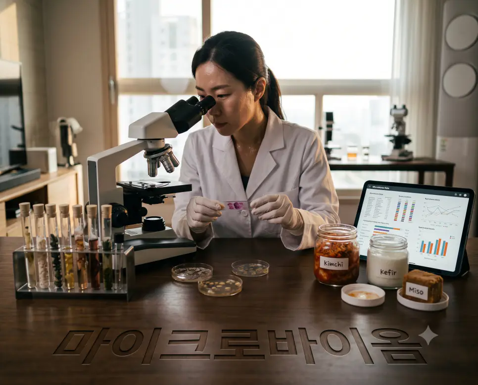 장내 미생물 생태계를 뜻하는 마이크로바이옴을 나타내기 위해, 오후 햇살이 비치는 연구실 티크나무 실험대 표면에 "마이크로바이옴" 한글이 새겨진 모습과 유익균 수치를 분석하는 한국인 연구원의 모습을 담은 다큐멘터리 스타일의 극실사 이미지