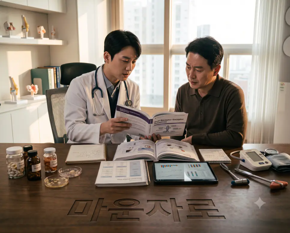 차세대 대사 치료 기전을 상징하는 마운자로를 나타내기 위해, 오후 햇살이 비치는 진료실 티크나무 상담대 표면에 "마운자로" 한글이 새겨진 모습과 대사 진단 차트를 설명하는 한국인 의사의 모습을 담은 다큐멘터리 스타일의 극실사 이미지