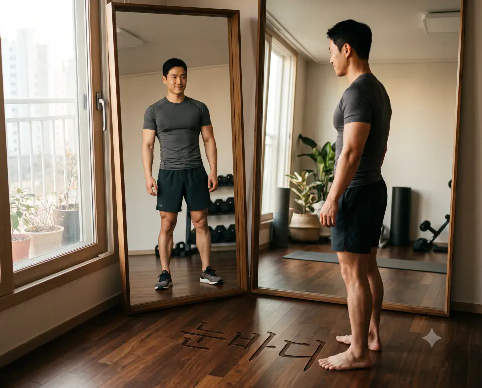 직관적 체형 변화 관찰법인 눈바디를 나타내기 위해, 오후 햇살이 비치는 거실 원목 마루 표면에 "눈바디" 한글이 새겨진 모습과 거울에 비친 몸을 관찰하는 한국인 남성의 모습을 담은 다큐멘터리 스타일의 극실사 이미지