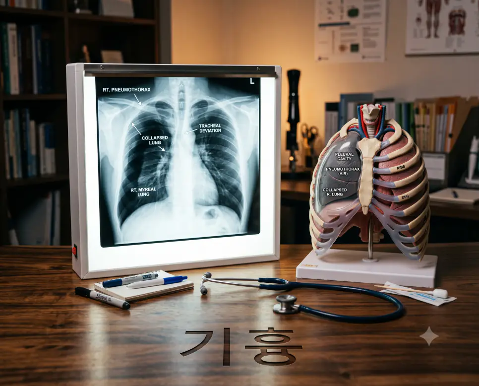 흉부 X-ray 폐허탈 영상과 흉막강 모형이 놓인 테이블 표면에 "기흉" 한글이 각인된 모습을 담은 극실사 의학 사진