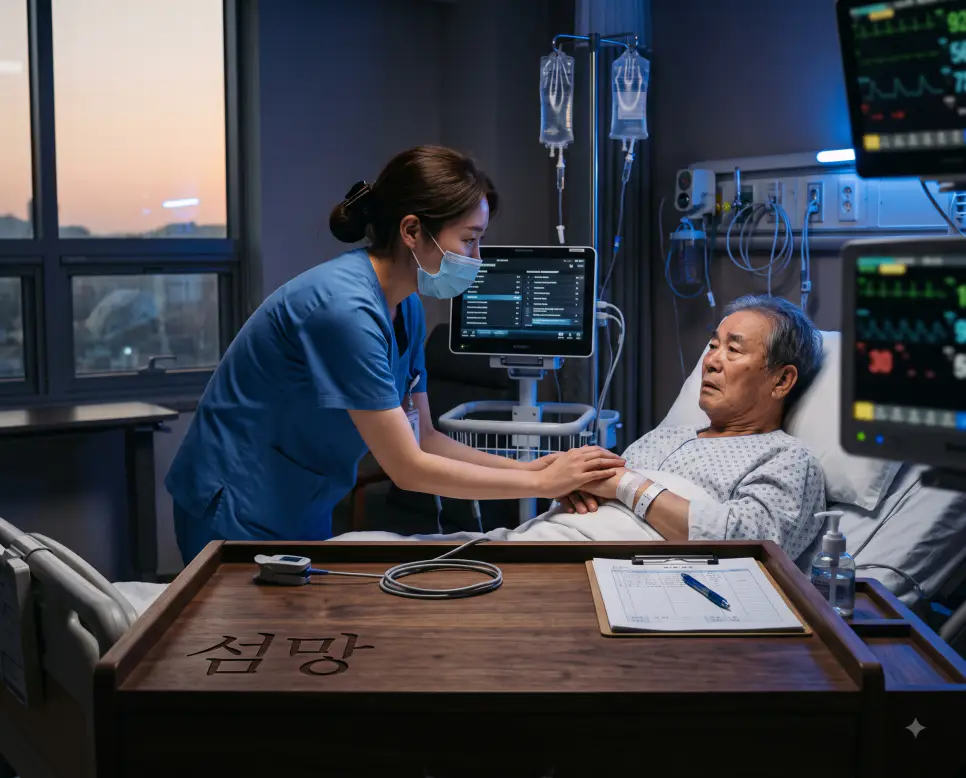 급성 뇌 기능 혼돈과 주의력 저하를 나타내기 위해, 병실 카트 표면에 "섬망" 한글이 새겨진 모습과 환자의 상태를 케어하며 모니터 수치를 확인하는 간호사의 모습을 담은 다큐멘터리 스타일의 극실사 이미지