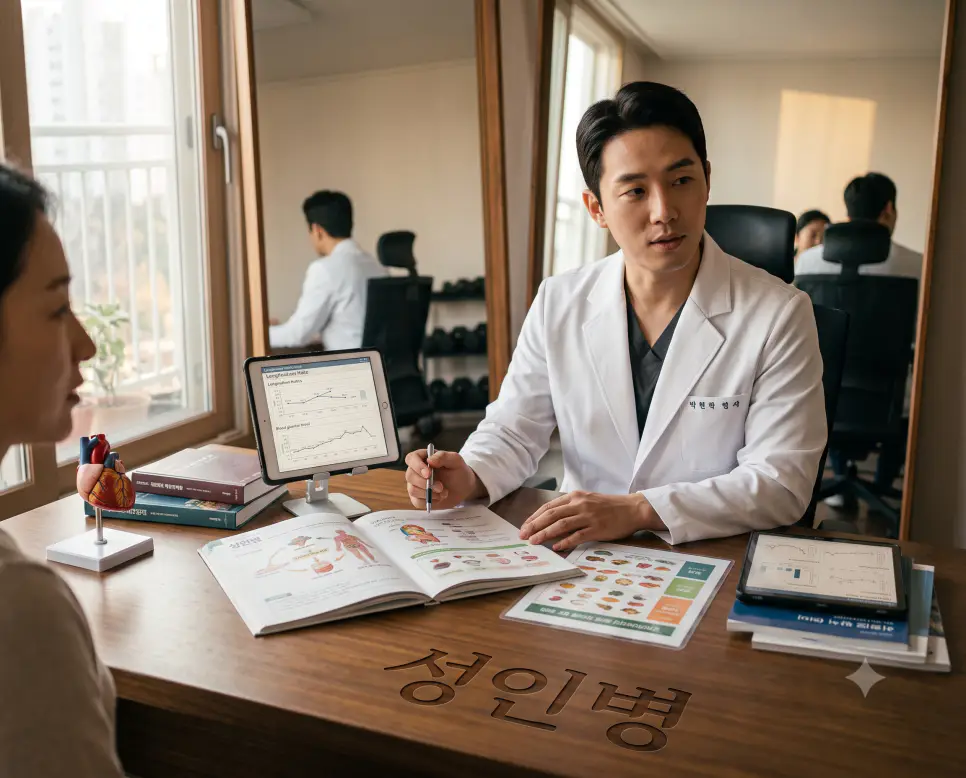 생활 습관에서 유발되는 성인병을 나타내기 위해, 오후 햇살이 비치는 상담실 티크나무 진료대 표면에 "성인병" 한글이 새겨진 모습과 만성 질환 예방 지침을 설명하는 한국인 의사의 모습을 담은 다큐멘터리 스타일의 극실사 이미지