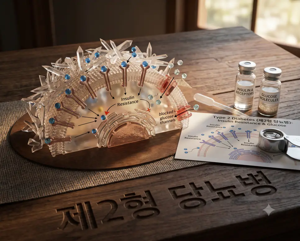 인슐린 저항성 세포 대사 마비를 나타내기 위해, 오후 햇살이 비치는 연구실 티크나무 책상 표면에 "제2형 당뇨병" 한글이 새겨진 모습과 포도당 침착 3D 모형을 담은 다큐멘터리 스타일의 극실사 이미지