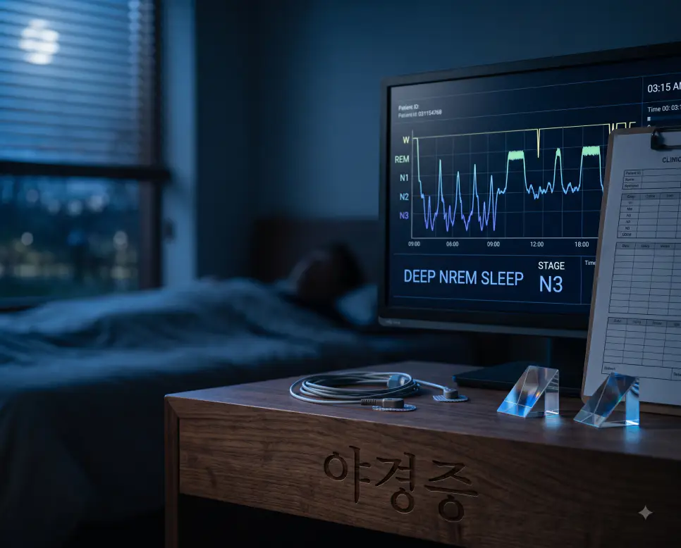 비렘 수면 중 발생하는 야간 각성 장애를 시각화하기 위해, 침실 협탁 표면에 "야경증" 한글이 새겨진 모습과 수면 뇌파 분석 모니터 화면을 담은 다큐멘터리 스타일의 극실사 이미지
