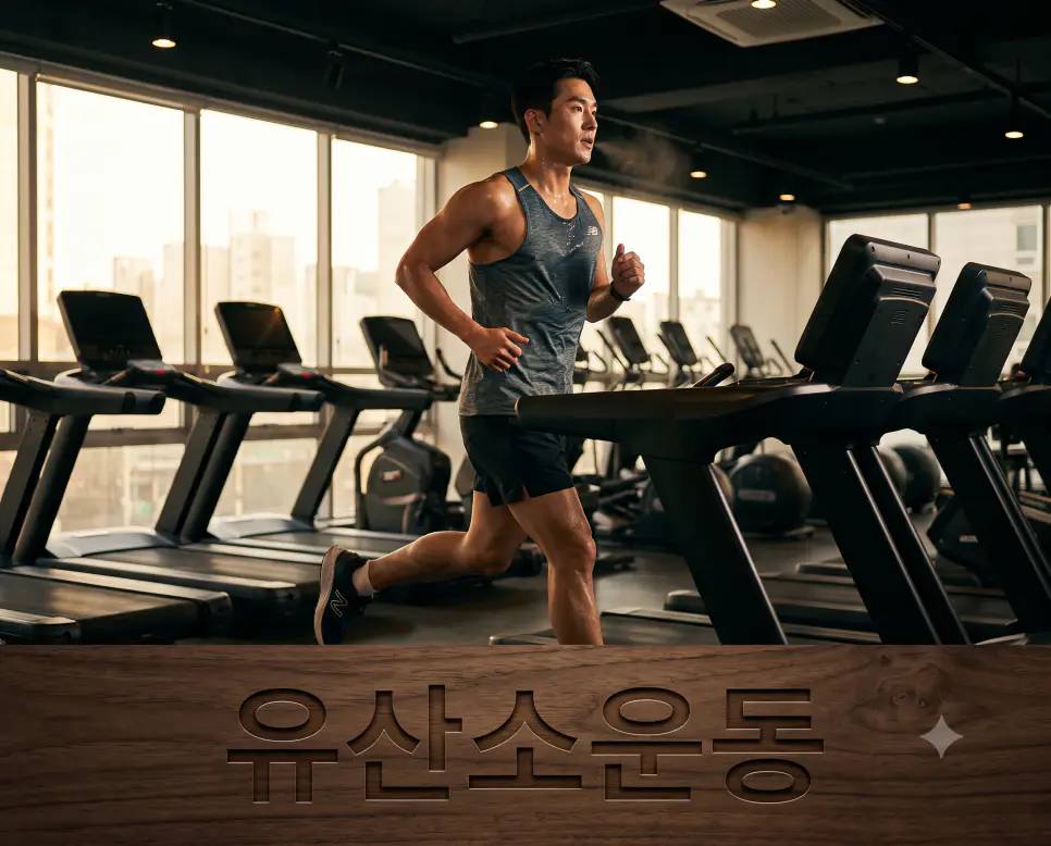 체지방을 연소하는 유산소운동을 나타내기 위해, 오후 햇살이 비치는 피트니스 기구 프레임 표면에 "유산소운동" 한글이 새겨진 모습과 트레드밀에서 달리기를 하는 한국인 남성의 모습을 담은 다큐멘터리 스타일의 극실사 이미지