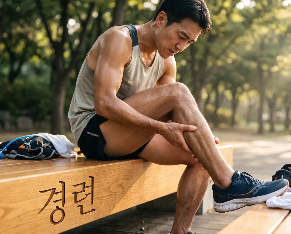 비자발적 근육 수축 현상을 나타내기 위해, 원목 벤치 모서리에 "경련" 한글이 각인된 모습과 근육 경련 수축 부위를 마사지하는 한국인 러너의 순간을 담은 다큐멘터리 스타일의 극실사 이미지