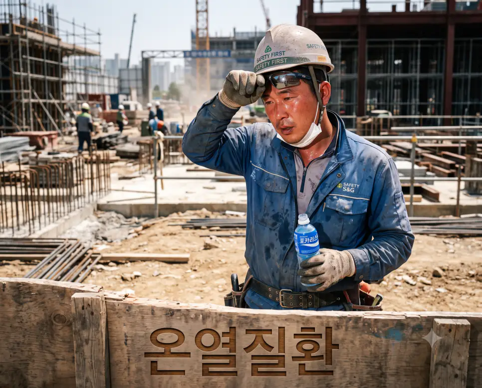 무더위 속 체온 조율 위험 상황을 나타내기 위해, 원목 안전펜스 모서리에 "온열질환" 한글이 각인된 모습과 햇볕 아래 수분을 섭취하는 한국인 야외 작업자의 모습을 담은 다큐멘터리 스타일의 극실사 이미지