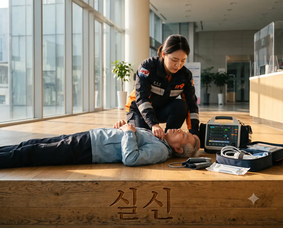 순간적 의식 소실 상황을 나타내기 위해, 원목 마루 모서리에 "실신" 한글이 각인된 모습과 쓰러진 사람의 맥박을 체크하는 구급대원의 순간을 담은 다큐멘터리 스타일의 극실사 이미지