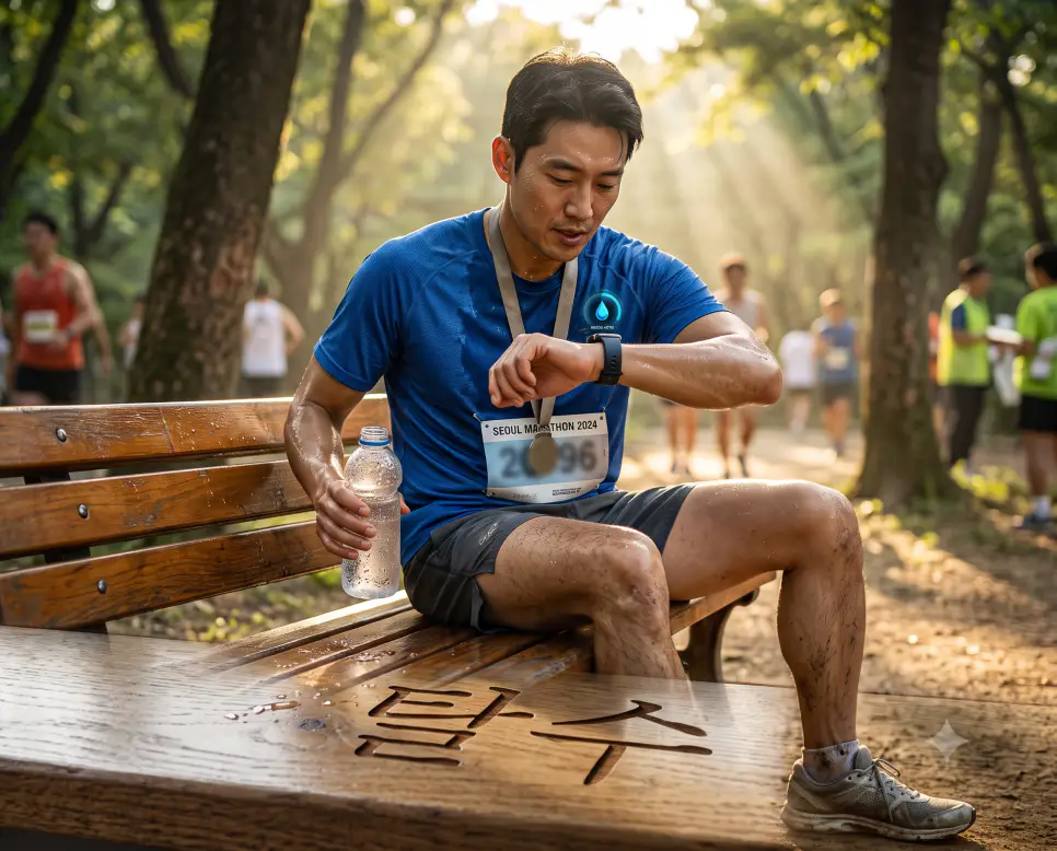 운동 후 수분을 보충하는 상황을 통해 체액 수분 대사를 시각화하기 위해, 원목 벤치 모서리에 "탈수" 한글이 각인된 모습과 물병을 들고 스마트워치 수치를 체크하는 한국인 러너의 순간을 담은 다큐멘터리 스타일의 극실사 이미지