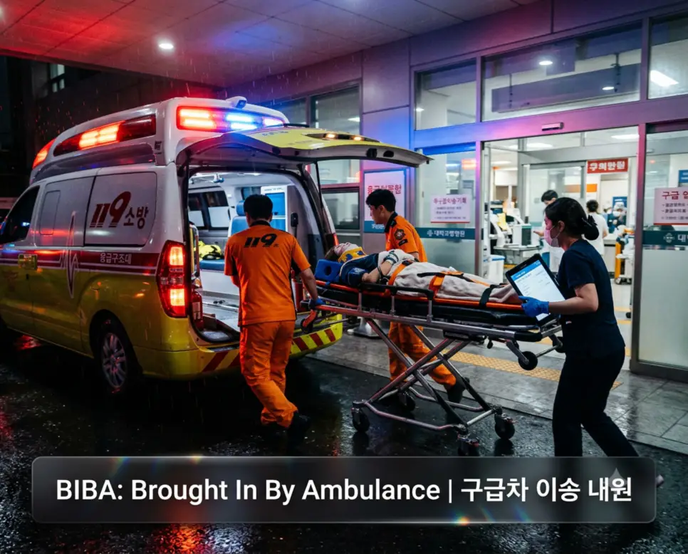 야간 응급의료센터 하차장에서 구급대원들이 구급차에서 환자 스트레쳐 카를 신속히 이동시키는 르포 현장과 하단에 "BIBA: Brought In By Ambulance | 구급차 이송 내원" 텍스트가 들어간 생생한 다큐멘터리 사진