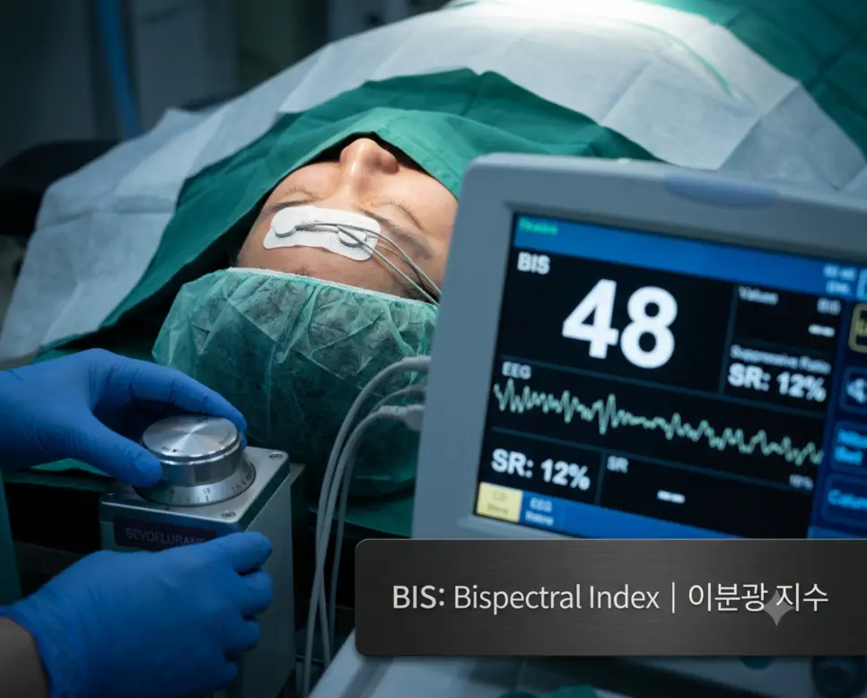 마취 워크스테이션 모니터에 마취 심도 수치 48과 뇌파 파형이 실시간으로 표시되는 현장과 하단에 "BIS: Bispectral Index | 이분광 지수" 텍스트가 알맞은 비율로 들어간 전문 마취과 이미지