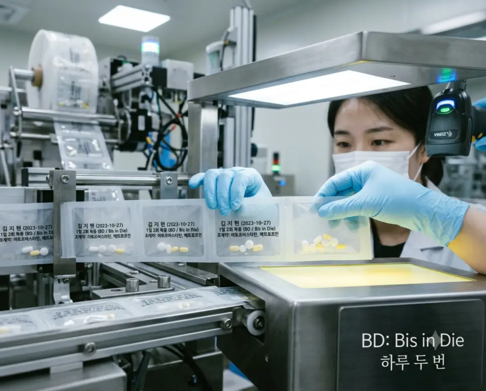 병원 자동 조제기에서 '하루 2회(BD)' 복약 지시가 인쇄된 약포지를 검수하며 하단에 "BD: Bis in Die | 하루 두 번" 타이포그래피가 조화롭게 들어간 스마트 조제 사진