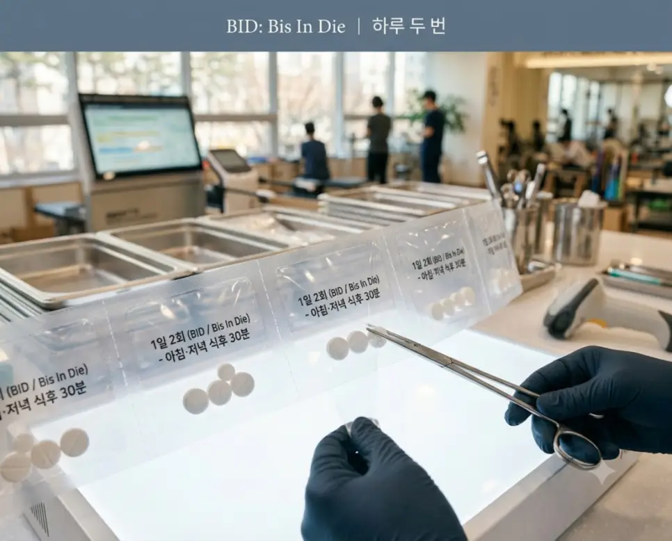 병원 약제부 라이트박스 위에서 약사가 1일 2회(BID) 복약 지시 라벨이 인쇄된 투명 약포지를 정밀 검수하는 모습과 상단에 "BID: Bis In Die | 하루 두 번" 폰트가 절제되어 들어간 전문 조제 이미지