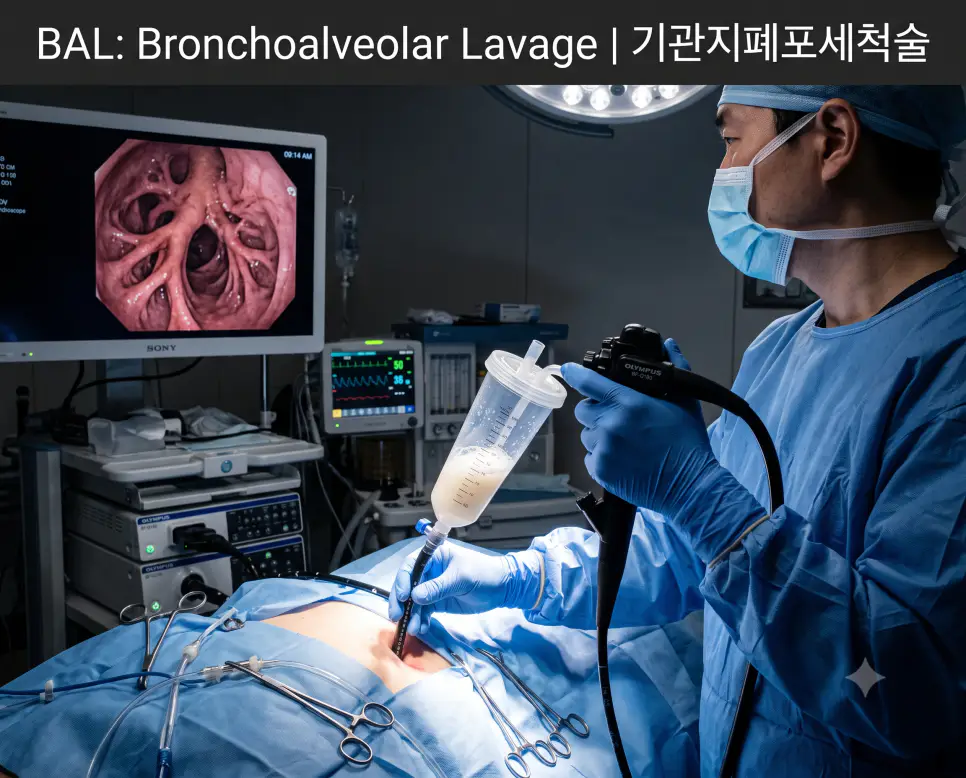 호흡기내과 내시경실에서 전문의가 기관지폐포세척액을 흡인 채취하며 상단에 "BAL: Bronchoalveolar Lavage | 기관지폐포세척술" 폰트가 절제되어 들어간 극실사 시술 사진
