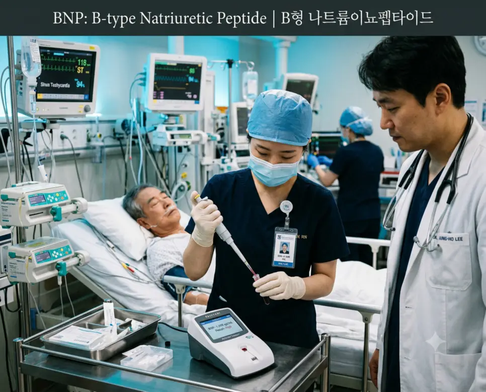 심혈관 중환자실에서 의료진이 급성 심부전 환자의 혈액으로 POCT 검사를 진행하여 고농도 BNP 수치를 확인하는 현장과 상단에 "BNP: B-type Natriuretic Peptide | B형 나트륨이뇨펩타이드" 폰트가 절제되어 들어간 임상 진단 사진