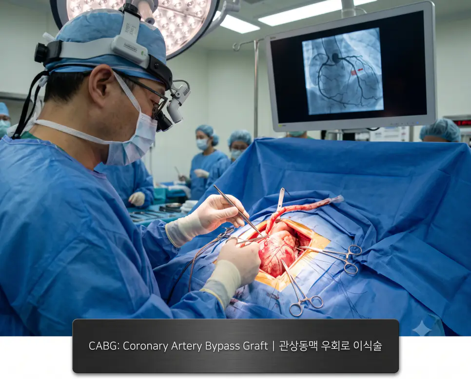 흉부외과 개심술 수술실에서 전문의가 수술용 확대경을 착용하고 관상동맥에 내흉동맥 우회로를 정밀 문합하는 모습과 하단에 "CABG: Coronary Artery Bypass Graft | 관상동맥 우회로 이식술" 타이포그래피만 조화롭게 들어간 심장외과 접사 이미지