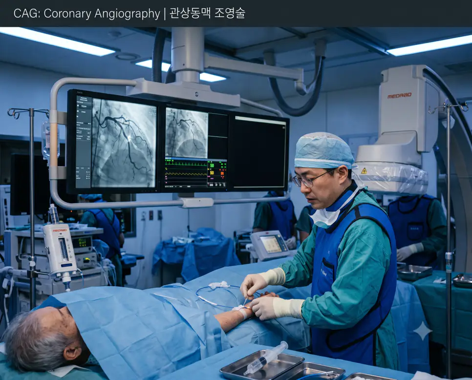 심혈관조영실에서 전문의가 요골동맥을 통해 카테터를 진입시키고 실시간 형광 투시 모니터로 혈관 협착을 확인하는 현장과 상단에 "CAG: Coronary Angiography | 관상동맥 조영술" 타이틀만 절제되어 들어간 시술 사진