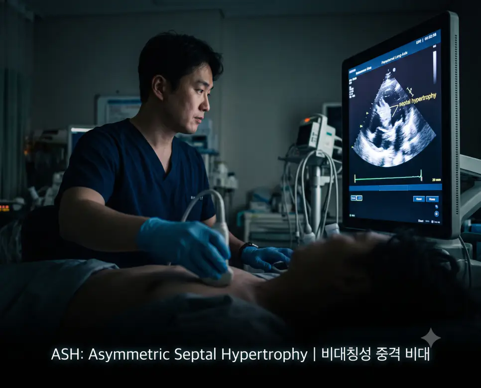 다큐멘터리 스틸컷 무드로 비대칭성 중격 비대 초음파 진단 현장과 "ASH: Asymmetric Septal Hypertrophy | 비대칭성 중격 비대" 모던 폰트가 절제되어 배치된 극실사 진단 이미지