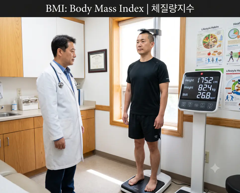 가정의학과 비만 클리닉에서 의사가 환자의 자동 신장·체중계 화면에 계산된 체질량지수(26.8 kg/m²)를 확인하는 모습과 상단에 "BMI: Body Mass Index | 체질량지수" 폰트가 절제되어 들어간 임상 신체계측 사진