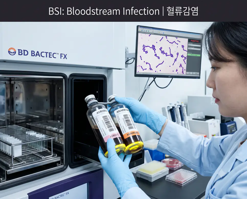 임상미생물 검사실에서 임상병리사가 혈액배양 장비에서 균혈증 양성 반응 병을 꺼내어 확인하는 현장과 상단에 "BSI: Bloodstream Infection | 혈류감염" 타이틀만 절제되어 들어간 감염병 검사 사진