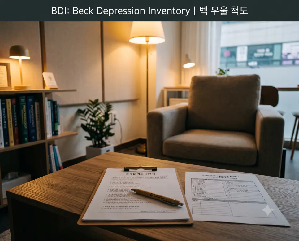 차분한 심리평가실 테이블 위에 벡 우울 척도 설문지가 놓인 정경과 상단에 "BDI: Beck Depression Inventory | 벡 우울 척도" 폰트가 절제되어 들어간 임상심리 진단 이미지