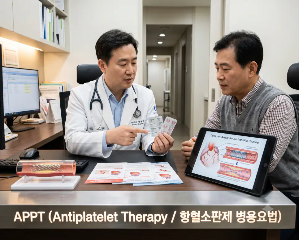 심장내과 진료실 접사 시점에서 전문의가 아스피린과 P2Y12 억제제를 보여주며 항혈소판제 병용요법을 설명하고 태블릿에 "APPT (Antiplatelet Therapy / 항혈소판제 병용요법)" 텍스트가 표시된 극실사 임상 이미지