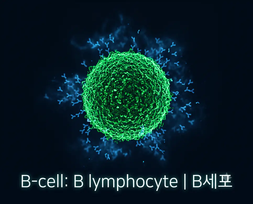 공초점 형광 현미경 시야에서 에메랄드빛 B세포와 분비되는 항체를 포착하고 하단에 "B-cell: B lymphocyte | B세포" 폰트가 감각적으로 삽입된 미세 면역학 비주얼