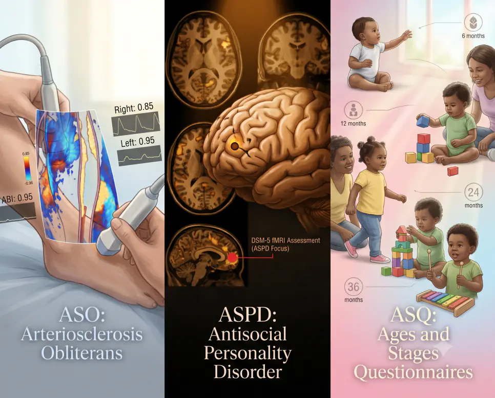 ASO 외래 도플러 검사실, ASPD 어두운 fMRI 뇌연구실, ASQ 밝은 아동 발달치료실의 3가지 완전히 다른 공간과 조명을 파노라마로 엮어낸 현대적 통합 의료 인포그래픽 포스터