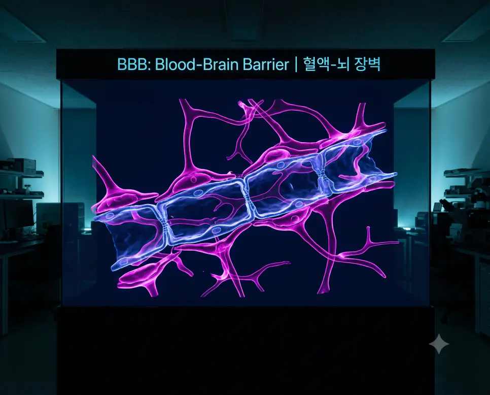 어두운 뇌신경 연구실의 3D 홀로그램 화면에서 혈액-뇌 장벽 밀착연접 구조가 회전하며 상단에 "BBB: Blood-Brain Barrier | 혈액-뇌 장벽" 폰트가 절제되어 들어간 첨단 바이오 비주얼