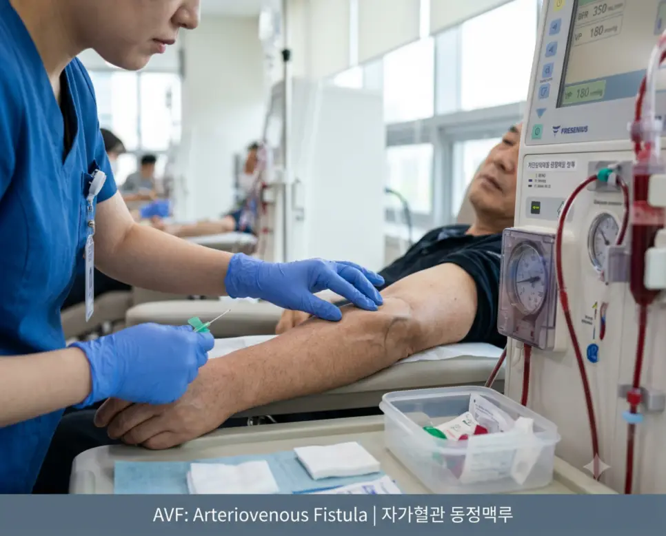 인공신장실에서 투석 간호사가 혈액투석을 위해 자가혈관 동정맥루를 촉지하고 천자 준비를 하는 모습과 하단에 "AVF: Arteriovenous Fistula | 자가혈관 동정맥루" 타이포그래피가 들어간 진료 이미지