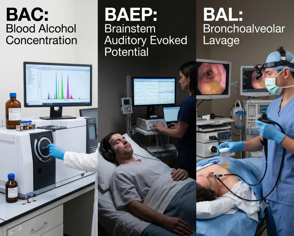 BAC 혈중알코올 분석, BAEP 뇌간유발전위 파형 진단, BAL 기관지폐포세척술 시술 현장을 각각 다른 장르와 조화로운 타이포그래피로 연출한 3분할 파노라마 인포그래픽 포스터