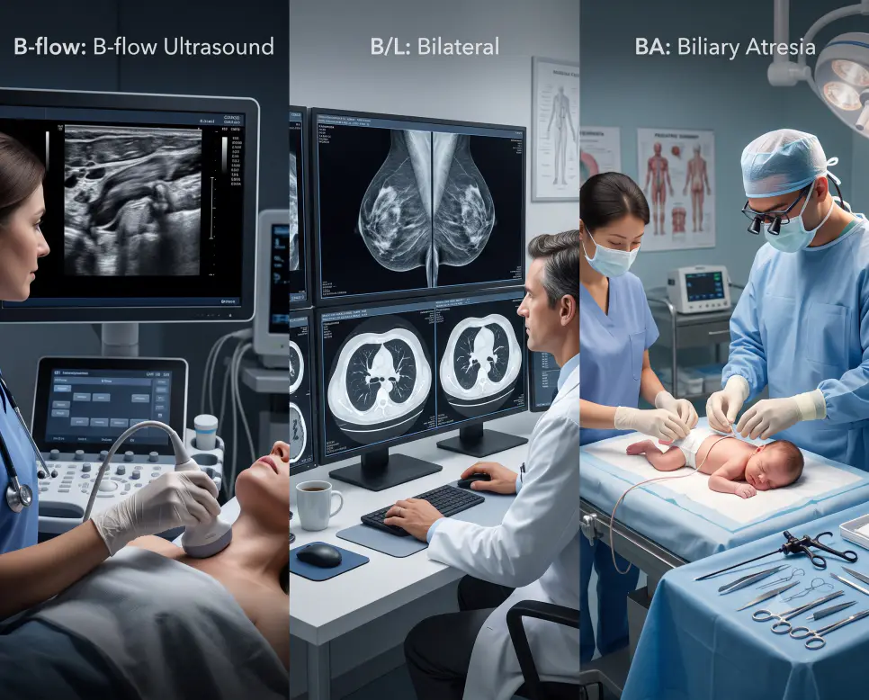 신생아 치료실에서 담도폐쇄증 초음파 리포트와 소아 수술 도구를 정돈하며 상단에 "BA: Biliary Atresia | 담도폐쇄증" 폰트가 절제되어 들어간 따뜻한 소아외과 진료 이미지