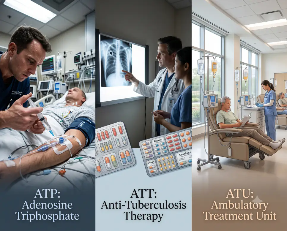 응급실 ATP 약물 처치, 호흡기내과 ATT 결핵 상담, 외래치료실 ATU 주사 펌프 세팅 현장을 자연스러운 임상 르포 스타일로 담아낸 3분할 파노라마 인포그래픽 포스터