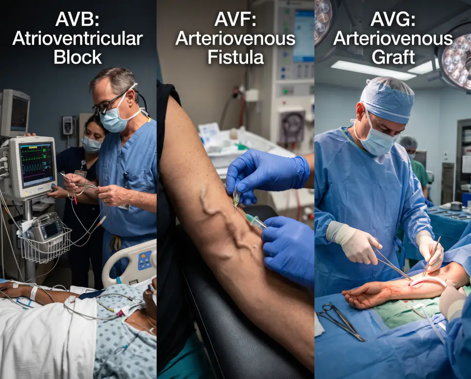 심장내과 AVB 박동조율, 신장내과 AVF 혈액투석 천자, 혈관외과 AVG 인조혈관 수술 현장을 자연스러운 임상 르포 스타일로 구성한 3분할 파노라마 인포그래픽 포스터