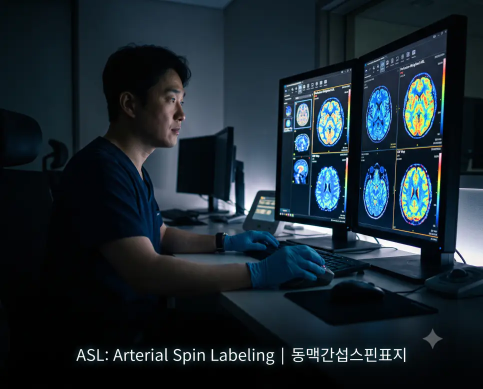 다큐멘터리 스틸컷 무드로 뇌혈류 관류 MRI(ASL) 판독 화면과 "ASL: Arterial Spin Labeling | 동맥간섭스핀표지" 모던 폰트가 절제되어 배치된 극실사 신경영상의학 이미지