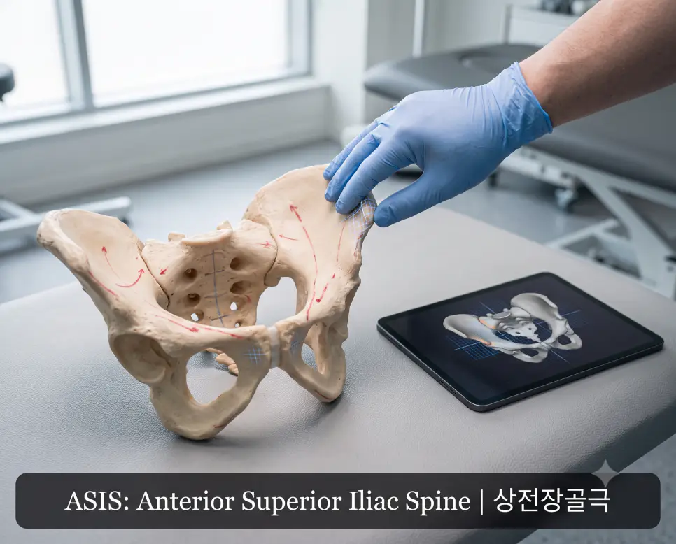 정형 해부학 학술 비주얼 스타일로 골반 모형의 상전장골극 랜드마크 분석 장면과 "ASIS: Anterior Superior Iliac Spine | 상전장골극" 고급 타이포그래피가 조화를 이루는 극실사 진료 사진