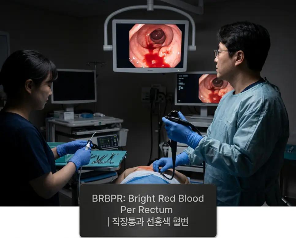 응급 내시경실에서 소화기내과 전문의가 대장내시경으로 직장통과 선홍색 혈변의 출혈 혈관을 확인하고 지혈을 준비하는 현장과 하단에 "BRBPR: Bright Red Blood Per Rectum | 직장통과 선홍색 혈변" 타이포그래피만 조화롭게 들어간 시술 접사 이미지