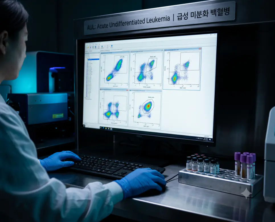 혈액종양 검사실에서 연구원이 급성 미분화 백혈병 유세포분석 도트 플롯을 판독하는 모습과 상단에 "AUL: Acute Undifferentiated Leukemia | 급성 미분화 백혈병" 타이포그래피가 들어간 전문 연구 사진