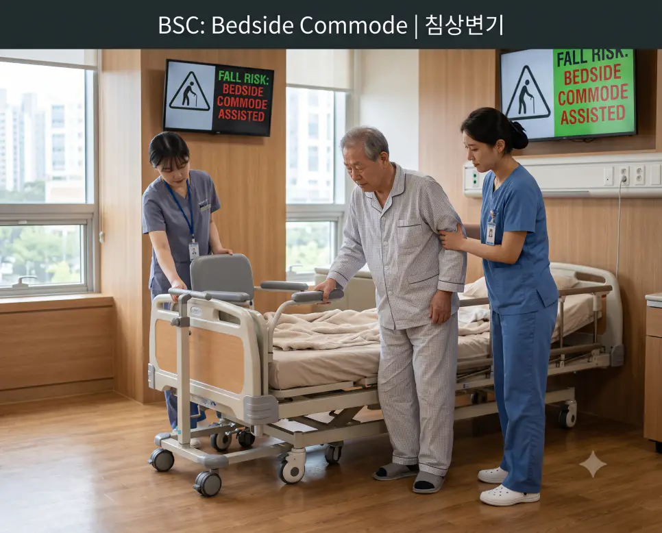 재활병동에서 간호사와 요양보호사가 낙상 방지를 위해 환자 침상 바로 옆에 견고한 이동식 침상변기를 배치하는 정경과 상단에 "BSC: Bedside Commode | 침상변기" 타이틀만 절제되어 들어간 병실 간호 사진
