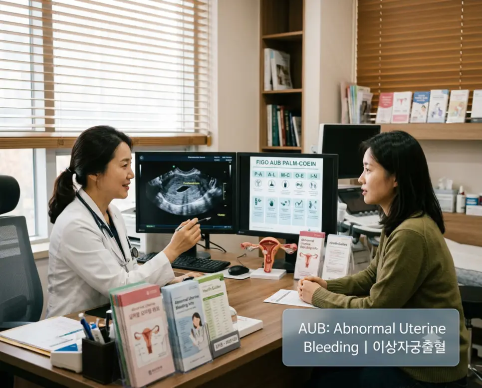 산부인과 진료실에서 전문의가 골반 초음파 화면과 해부학 차트를 짚으며 이상자궁출혈 상담을 진행하는 모습과 하단에 "AUB: Abnormal Uterine Bleeding | 이상자궁출혈" 텍스트가 들어간 진료 이미지