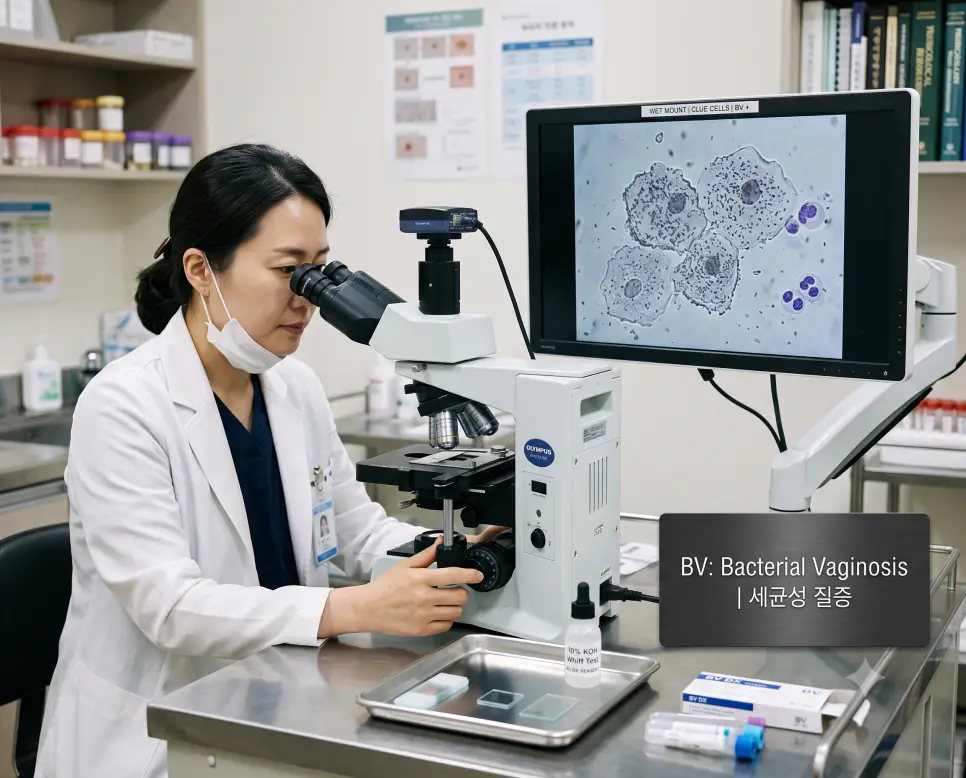 산부인과 검사실에서 전문의가 위상차 현미경으로 세균성 질증 진단 지표인 단서세포를 확인하는 정경과 하단에 "BV: Bacterial Vaginosis | 세균성 질증" 타이포그래피만 조화롭게 들어간 현미경 진단 이미지