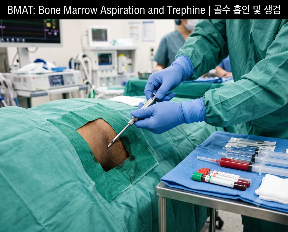 혈액내과 처치실에서 전문의가 자망시디 바늘로 장골능 골수 흡인 및 생검을 정밀하게 진행하는 모습과 상단에 "BMAT: Bone Marrow Aspiration and Trephine | 골수 흡인 및 생검" 폰트가 절제되어 들어간 시술 접사 사진