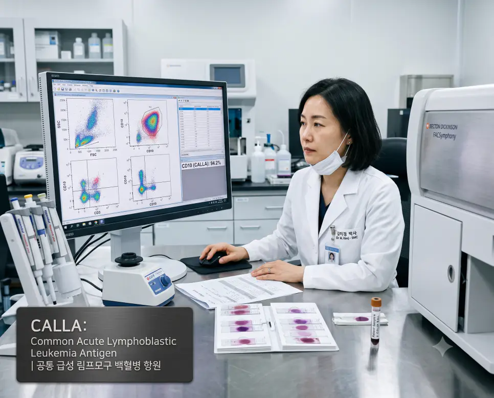 혈액학 검사실에서 전문의가 유세포분석기 화면에 뜬 CD10/CALLA 양성 점도표를 판독하며 백혈병 아형을 진단하는 모습과 하단에 "CALLA: Common Acute Lymphoblastic Leukemia Antigen | 공통 급성 림프모구 백혈병 항원" 타이포그래피만 조화롭게 들어간 검사의학 이미지