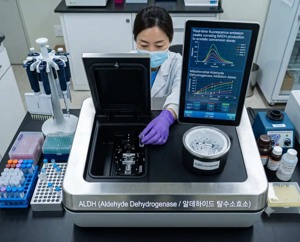 약리학 연구실 하이앵글 탑다운 시점에서 연구원이 형광분광광도계로 알데하이드 탈수소효소의 반응 속도를 측정하며 장비 림에 "ALDH (Aldehyde Dehydrogenase / 알데하이드 탈수소효소)" 텍스트가 각인된 극실사 생화학 실험실 사진