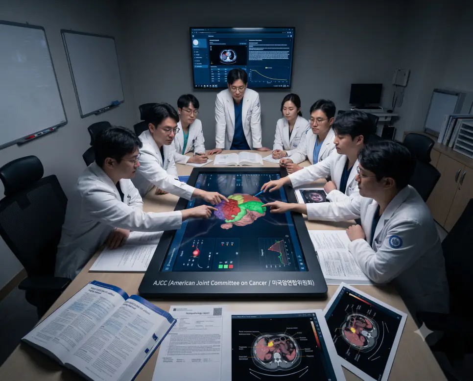 암센터 다학제 회의실에서 종양 전문의들이 디지털 터치테이블의 3D TNM 병기 모식도를 조감도 시점으로 분석하며 콘솔에 "AJCC (American Joint Committee on Cancer / 미국암연합위원회)" 텍스트가 표시된 극실사 컨퍼런스 사진