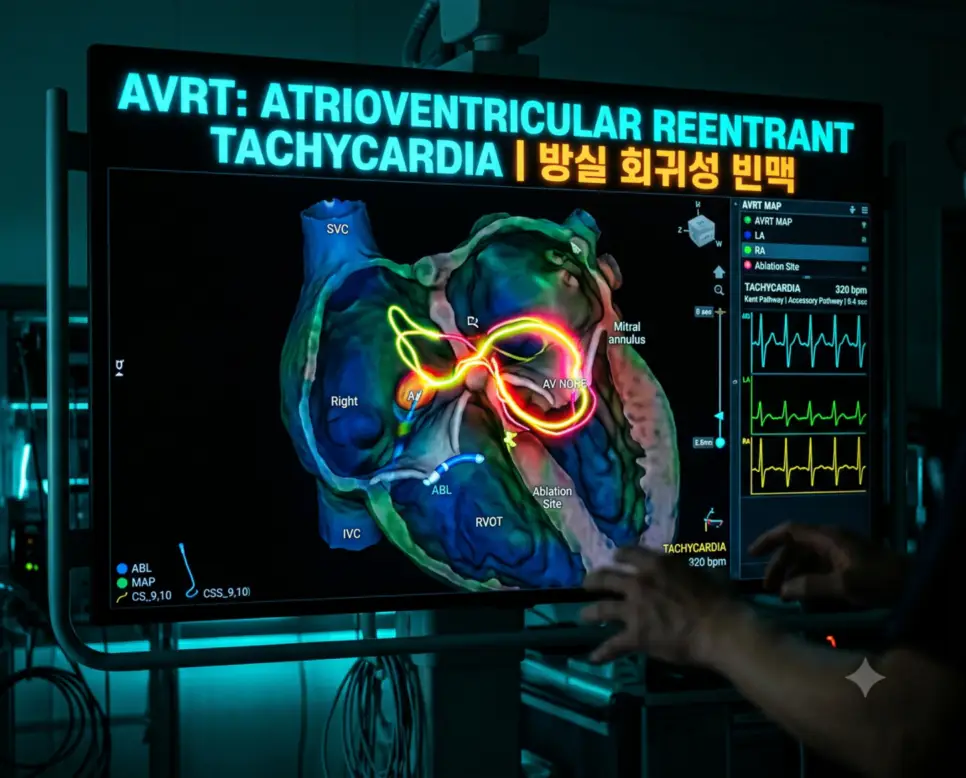 어두운 전기생리학 검사실 3D 네온 맵핑 인터페이스 상단에 "AVRT: Atrioventricular Reentrant Tachycardia | 방실 회귀성 빈맥" 텍스트가 크고 선명하게 점등된 고해상도 그래픽 이미지