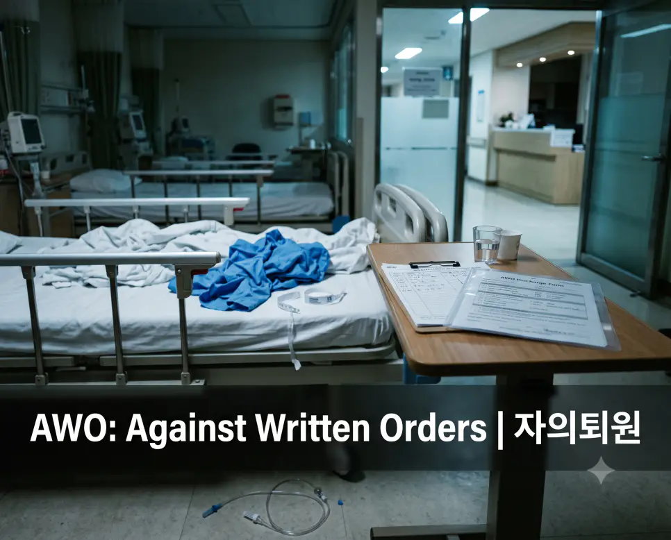 자의퇴원 병실 침상과 서약서 르포 구도 하단에 "AWO: Against Written Orders | 자의퇴원" 텍스트가 크고 선명하게 배치된 다큐멘터리 임상 포스터 사진