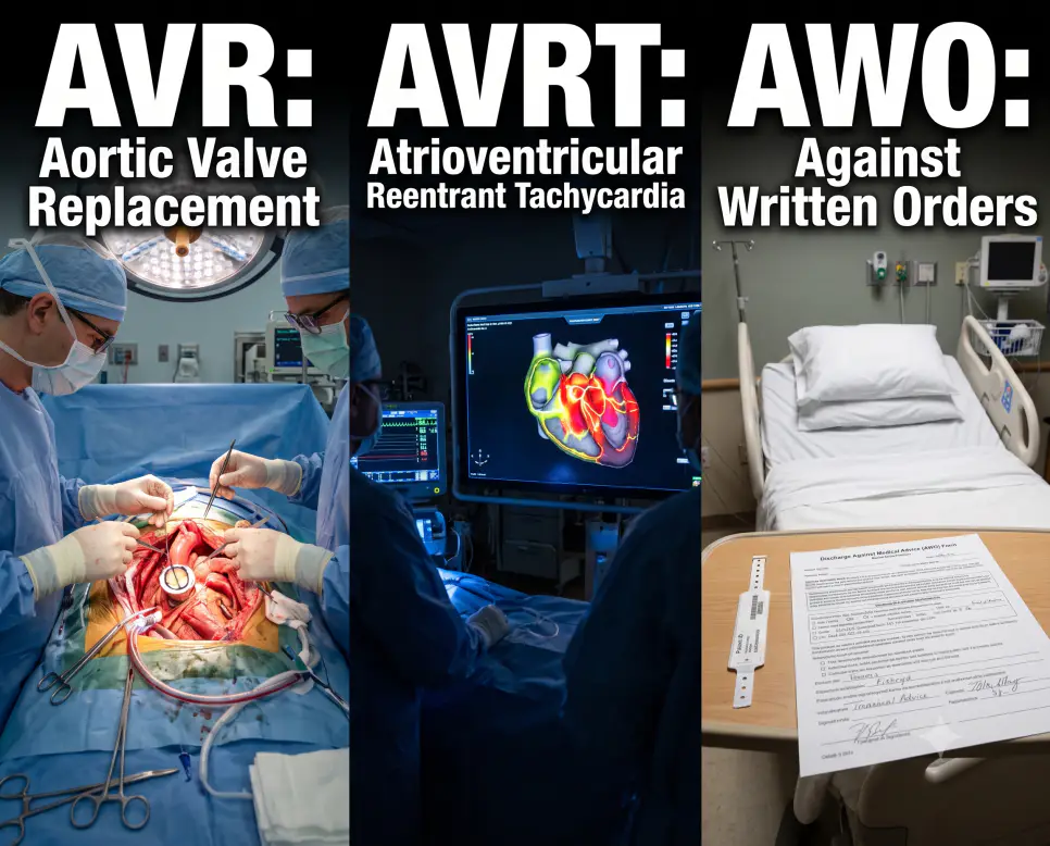 AVR 기계판막 수술, AVRT 3D 부정맥 맵핑, AWO 자의퇴원 현장을 각각의 대형 타이포그래피와 함께 선명하게 담아낸 3분할 파노라마 통합 인포그래픽 포스터