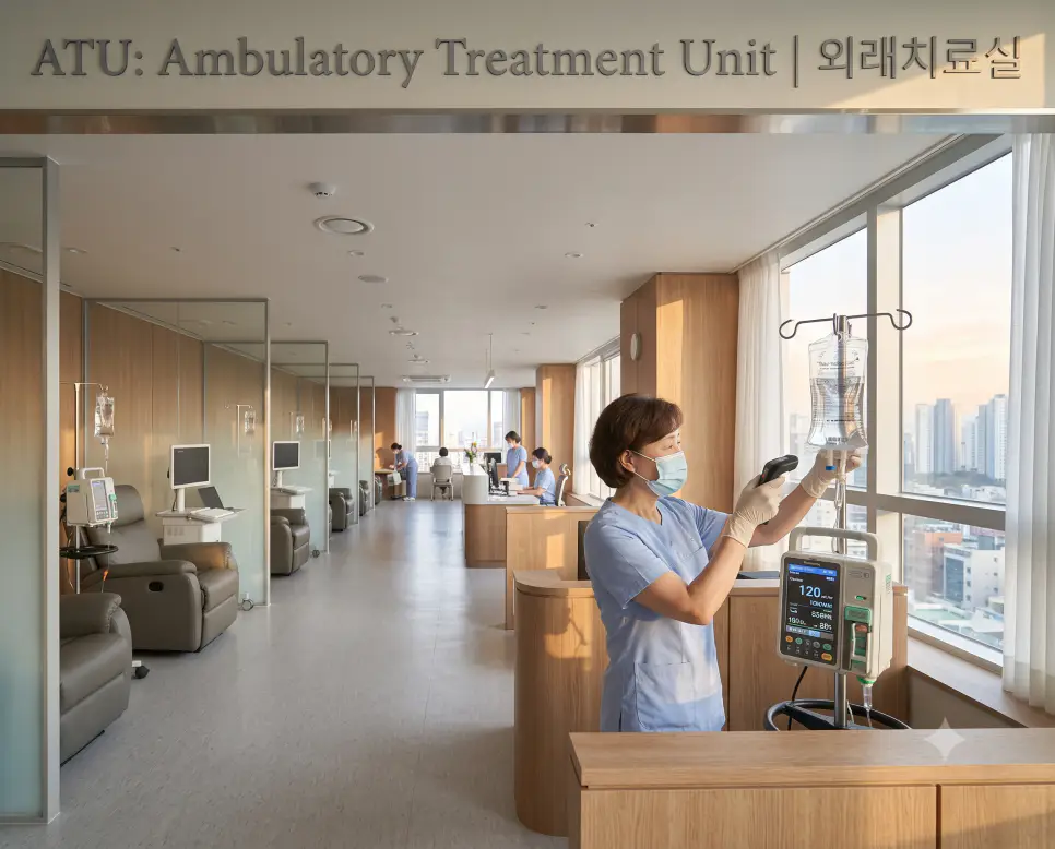 채광 좋은 외래 통원치료실에서 간호사가 주사용 항암제 바코드를 스캔하며 인퓨전 펌프를 설정하는 현장과 상단에 "ATU: Ambulatory Treatment Unit | 외래치료실" 텍스트가 깔끔하게 들어간 전경 사진